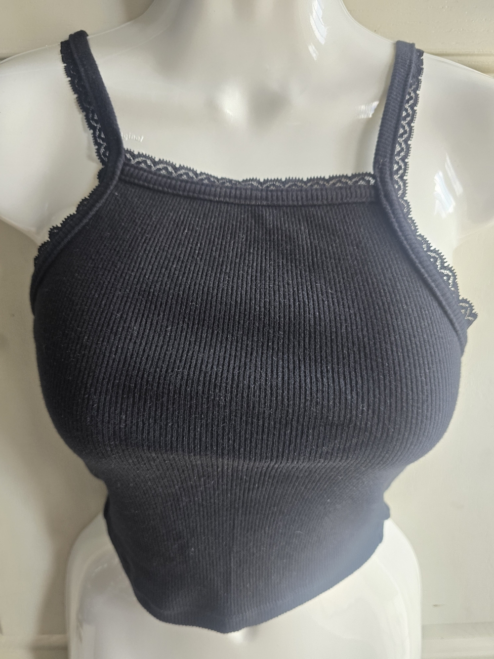 American Eagle Outfitters Black Ribbed Lace-Trim Tank